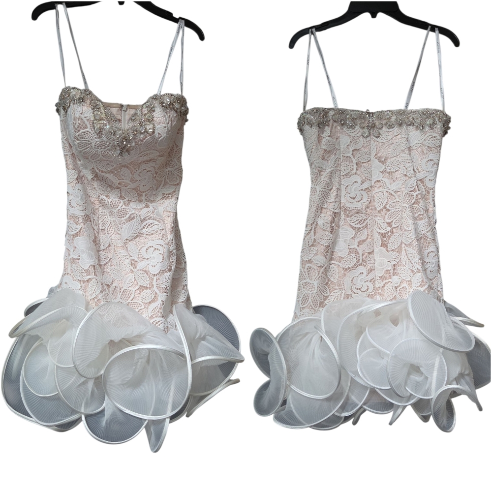 Vintage Jovani Crystal Embellished Lace Blush Satin Strapless Ruffle Skirt Gown